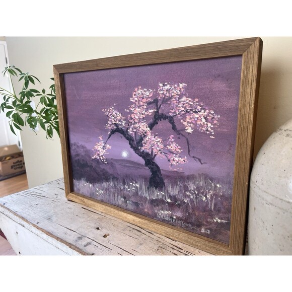 Vintage Signed Framed Oil Painting Cherry Blossom Tree At Dusk W/Moon Is Rising - Picture 4 of 9